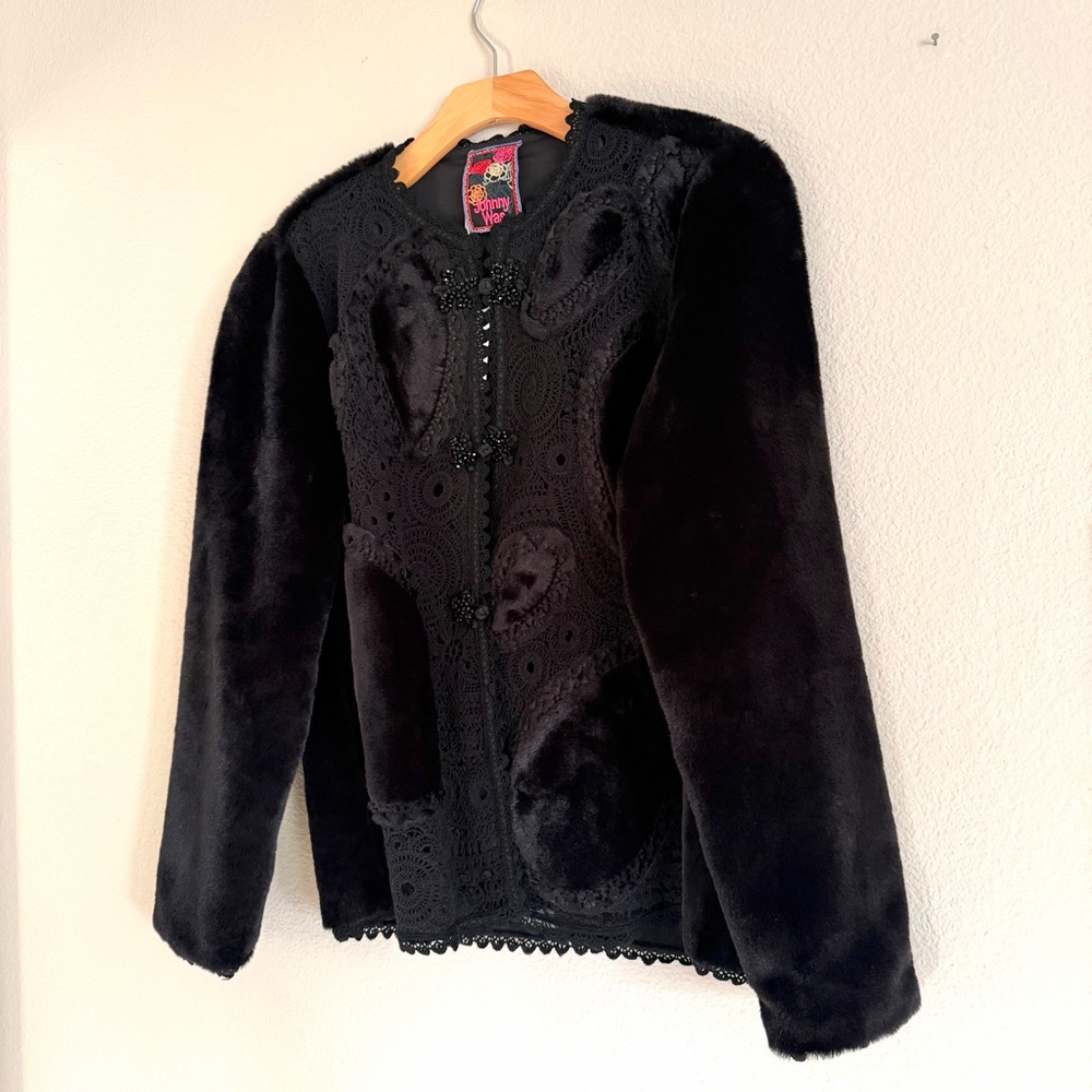 Johnny Was Faux Fur Crochet Jacket Black Beaded Size Small NWT